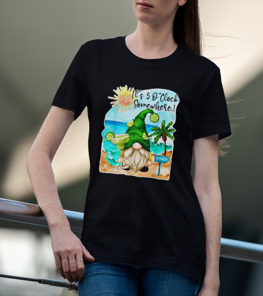 Margarita Gnome It's 5 O'Clock Somewhere Beach Palm Trees T-Shirt