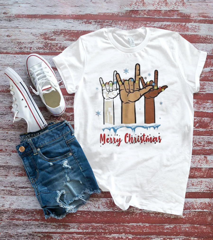Merry Christmas Hand Sign Language Celebration With Lights And Snowflakes T-Shirt