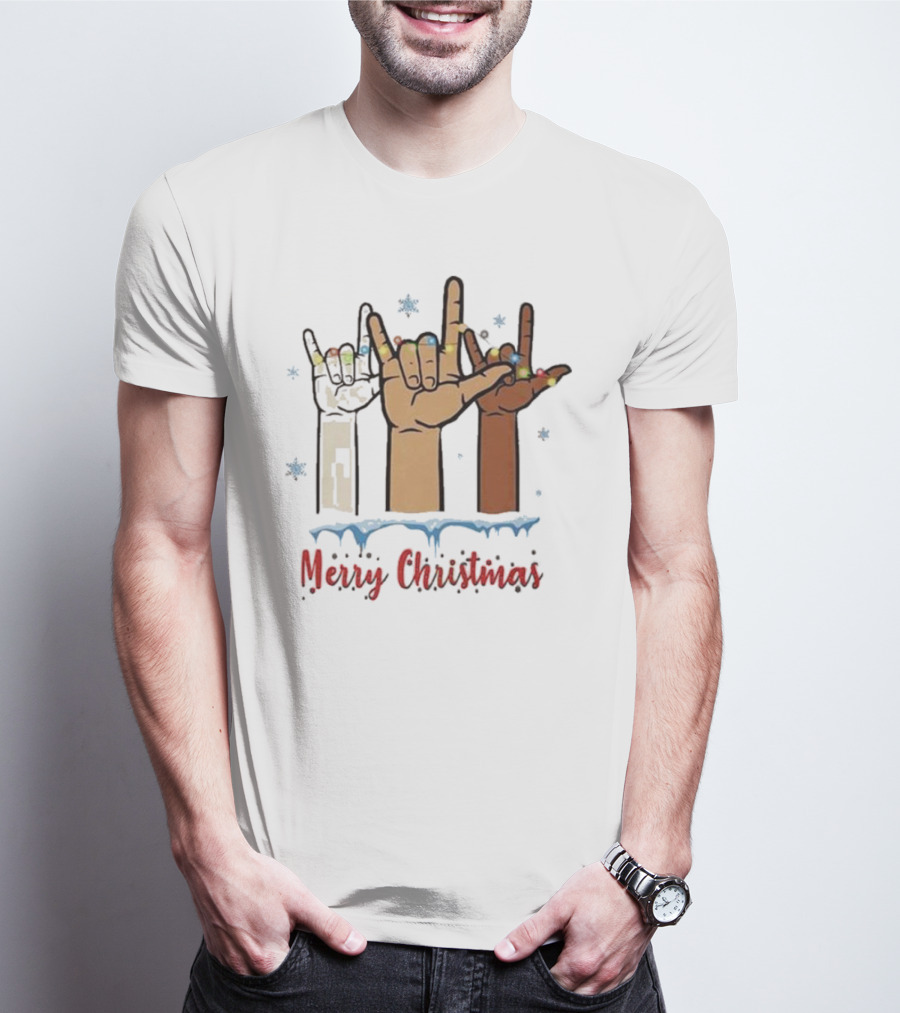 Merry Christmas Hand Sign Language Celebration With Lights And Snowflakes T-Shirt