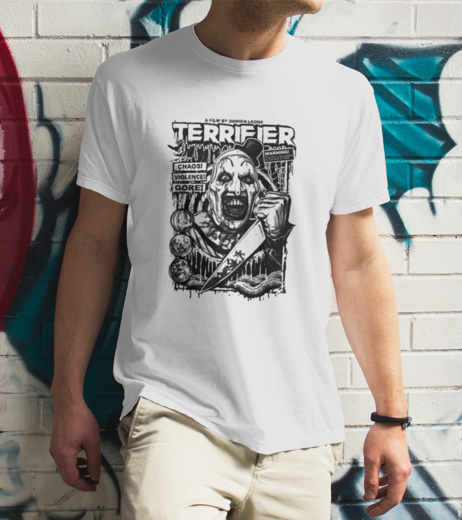 Terrifier Film Cover A Film By Damien Leone Clown Chaos Violence Gore Warning T-Shirt