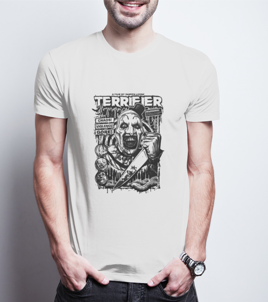 Terrifier Film Cover A Film By Damien Leone Clown Chaos Violence Gore Warning T-Shirt