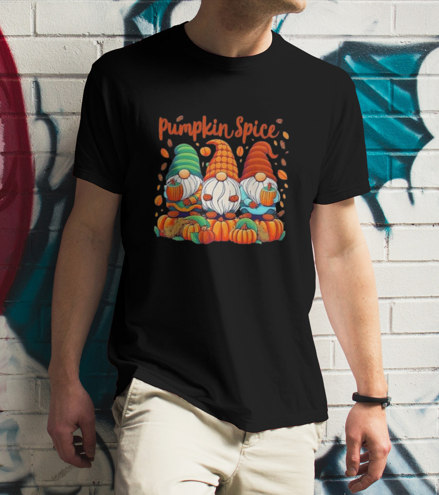 Pumpkin Spice Gnomes With Autumn Leaves And Pumpkins T-Shirt