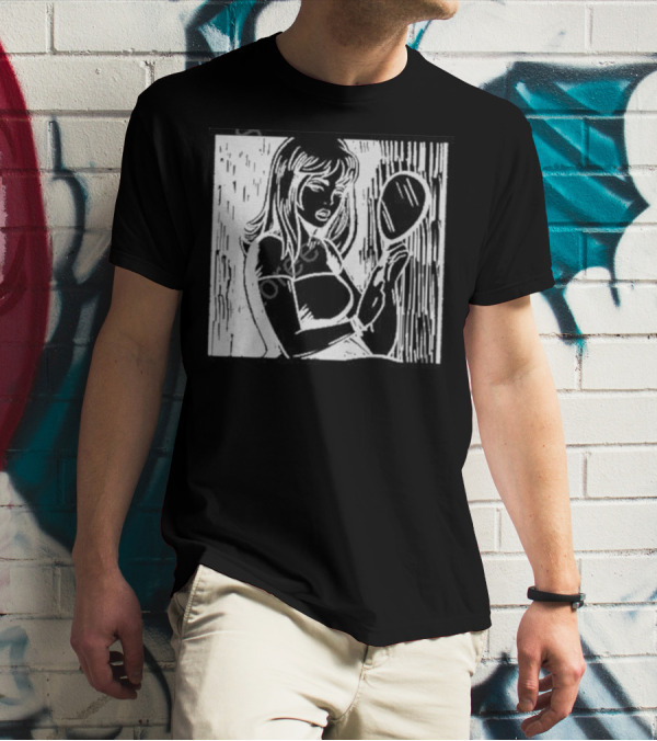 Billie Eilish Store Mirror Art Black And White Line Drawing Woman With Handheld Mirror T-Shirt