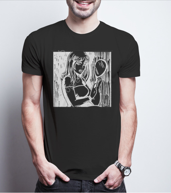 Billie Eilish Store Mirror Art Black And White Line Drawing Woman With Handheld Mirror T-Shirt