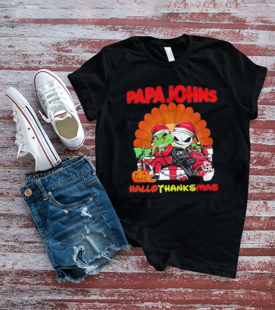 Papa Johns Baby Grinch Baby Jack Skellington HalloThanksMas T-Shirt