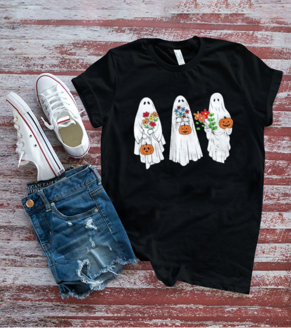 Floral Ghost Pumpkin Halloween Trio With Colorful Bouquet T-Shirt