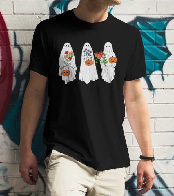 Floral Ghost Pumpkin Halloween Trio With Colorful Bouquet T-Shirt