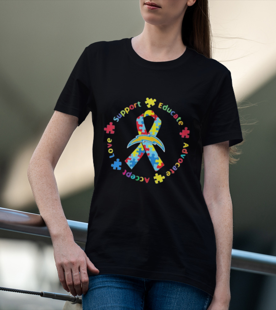 Los Angeles Chargers Autism Puzzle Ribbon Support Educate Advocate Accept Love T-Shirt