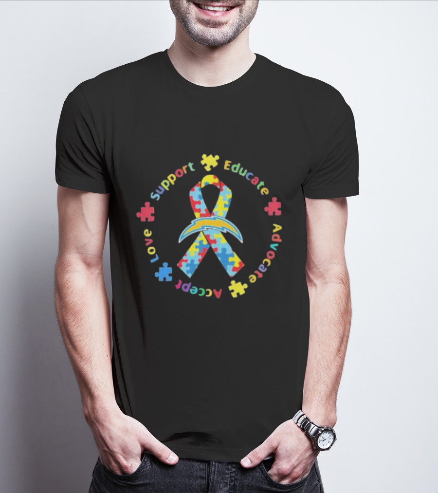 Los Angeles Chargers Autism Puzzle Ribbon Support Educate Advocate Accept Love T-Shirt