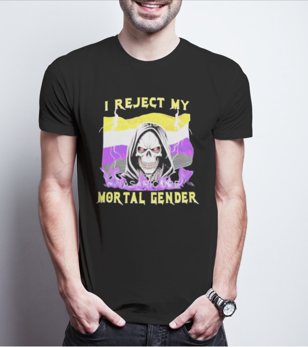 I Reject My Mortal Gender Nonbinary Skull With Hood And Lightning T-Shirt