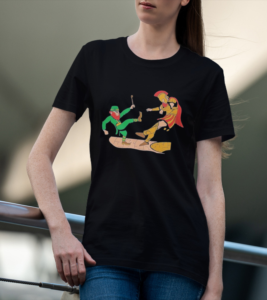 Notre Dame Leprechaun Vs. Trojan Warrior Kick Battle T-Shirt
