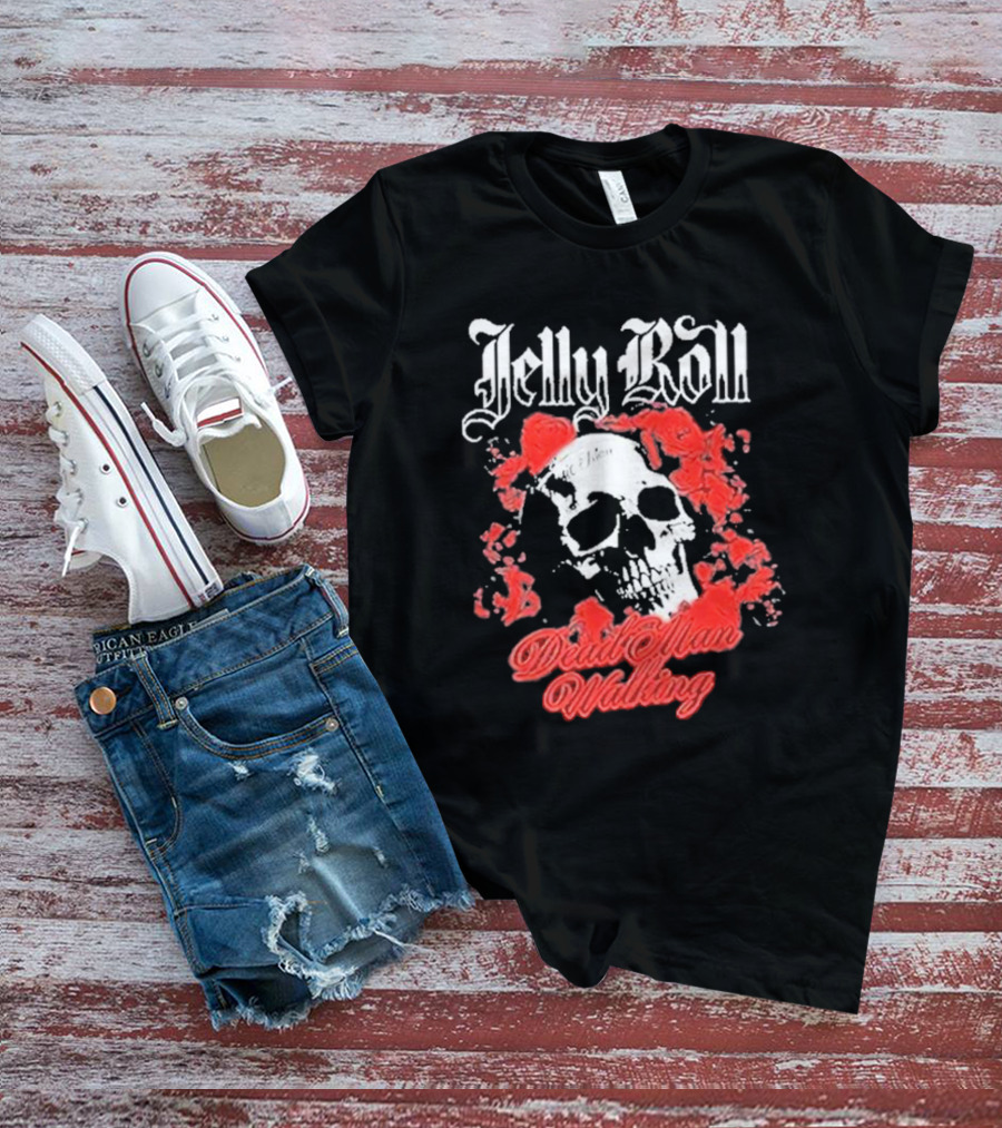 Jelly Roll Dead Man Walking Black Floral Skull Roses T-Shirt