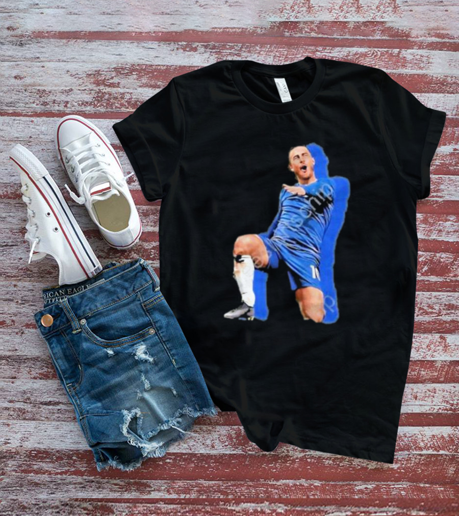 The By Line Show Garden Of Eden Celebration Pose Soccer Player In Blue Jersey T-Shirt