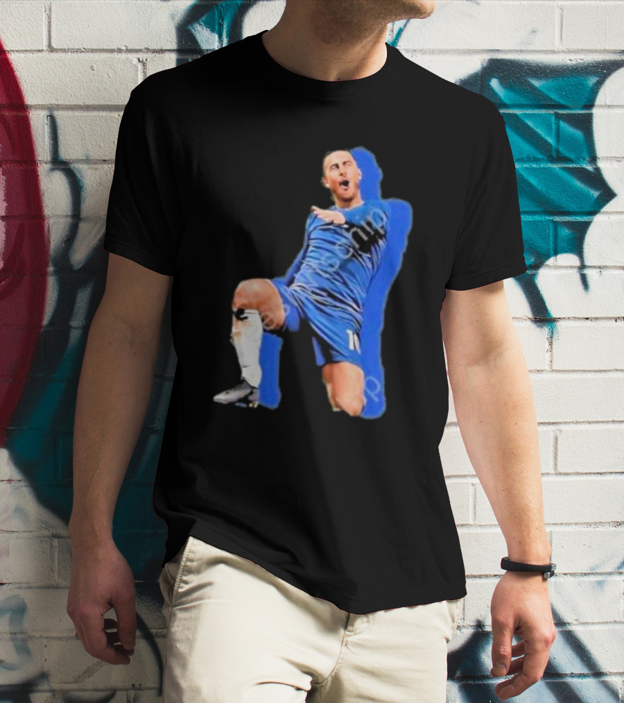 The By Line Show Garden Of Eden Celebration Pose Soccer Player In Blue Jersey T-Shirt