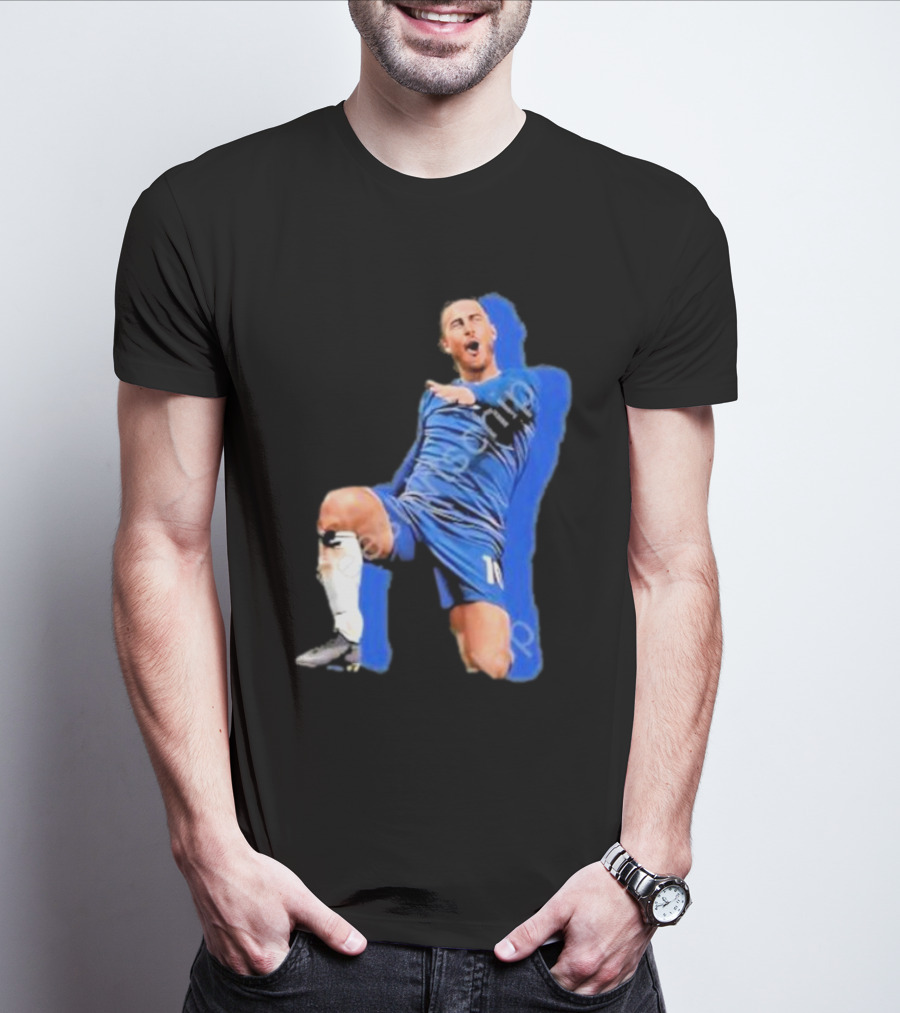 The By Line Show Garden Of Eden Celebration Pose Soccer Player In Blue Jersey T-Shirt