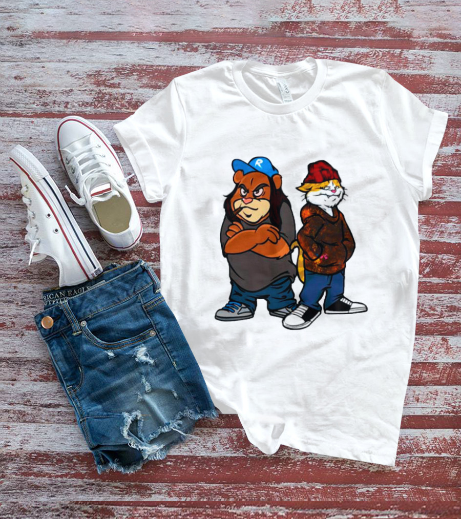 Phobik X Ratchet Cartoon Bear In Blue Cap And Cat In Red Beanie T-Shirt