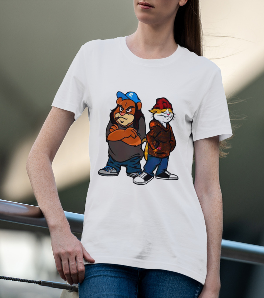 Phobik X Ratchet Cartoon Bear In Blue Cap And Cat In Red Beanie T-Shirt