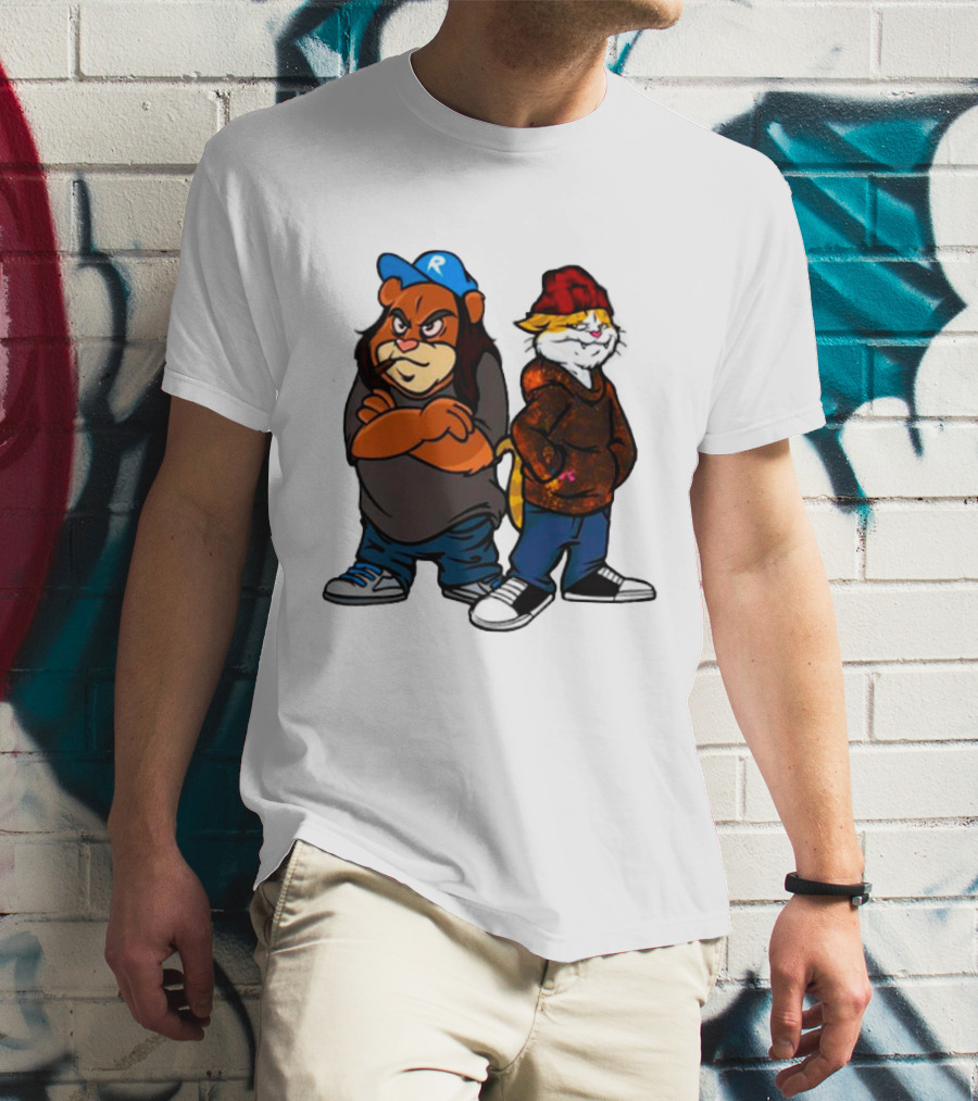 Phobik X Ratchet Cartoon Bear In Blue Cap And Cat In Red Beanie T-Shirt