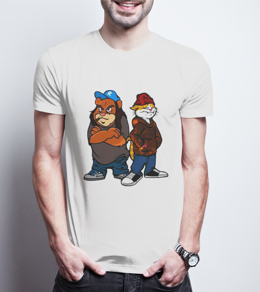 Phobik X Ratchet Cartoon Bear In Blue Cap And Cat In Red Beanie T-Shirt