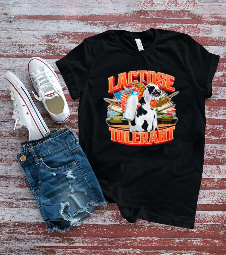 Lactose Tolerant Cow Holding Milk With Explosions And Tanks T-Shirt