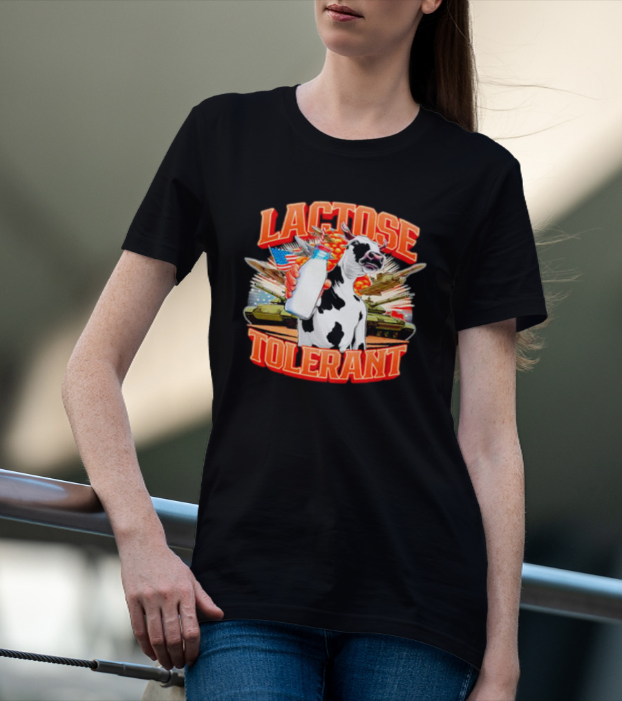 Lactose Tolerant Cow Holding Milk With Explosions And Tanks T-Shirt