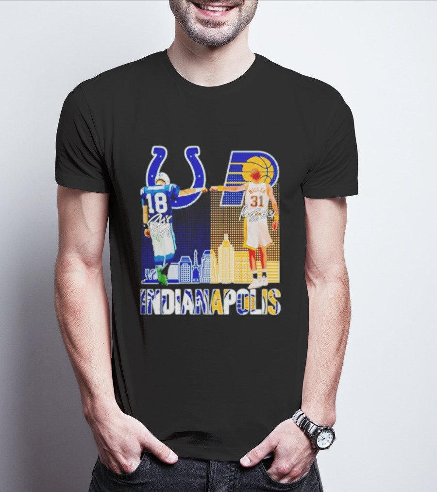 Indianapolis Colts Peyton Manning 18 Reggie Miller 31 Indiana Pacers Indianapolis Skyline T-Shirt