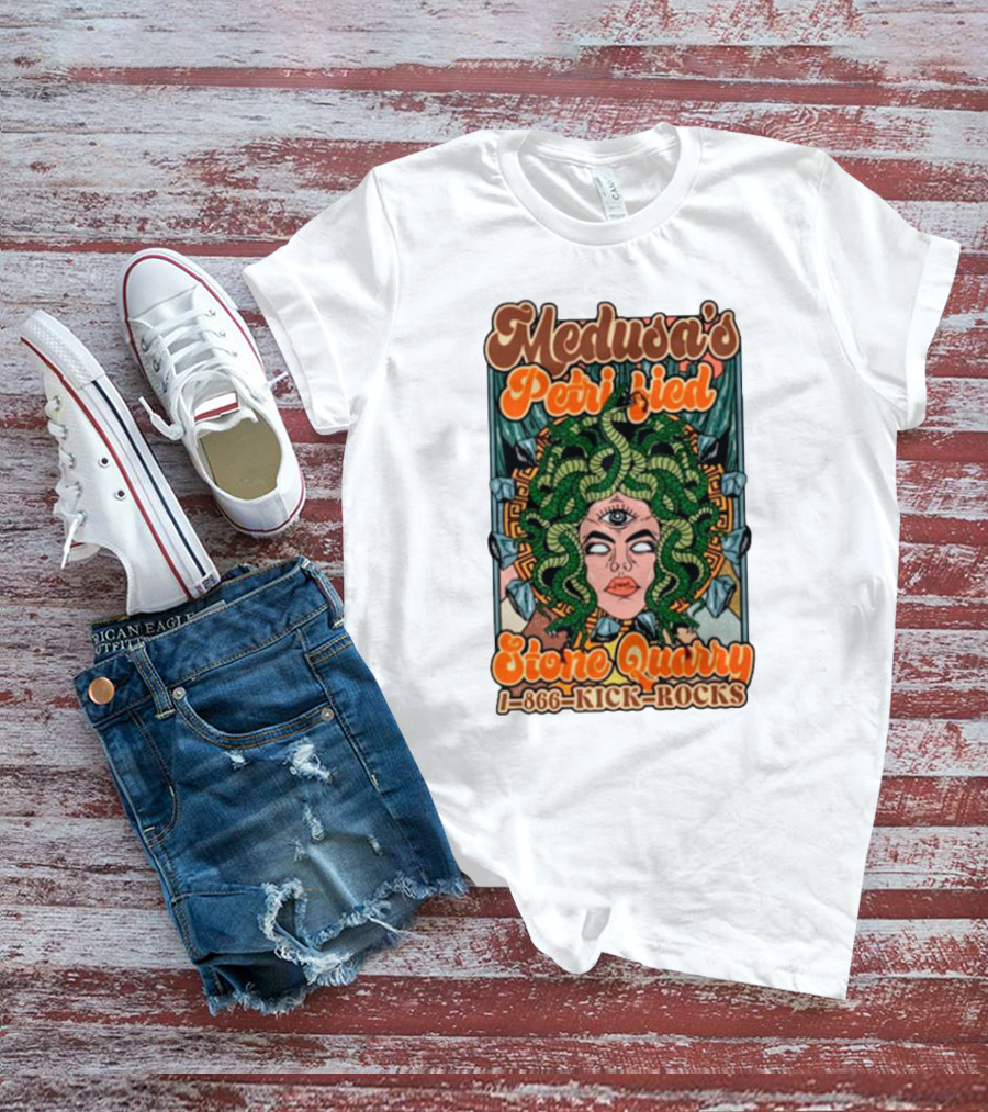 Medusa's Petrified Stone Quarry 1-866-Kick-Rocks Serpentine Gorgon Face With Third Eye And Stone Background T-Shirt