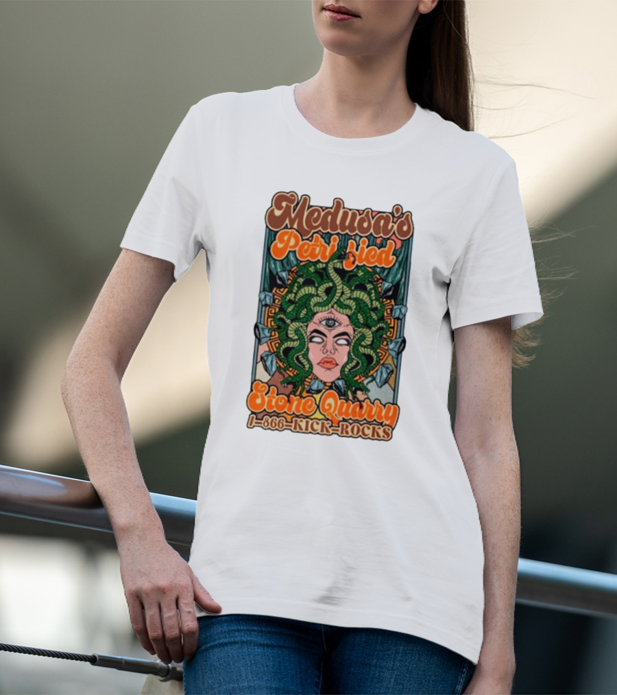 Medusa's Petrified Stone Quarry 1-866-Kick-Rocks Serpentine Gorgon Face With Third Eye And Stone Background T-Shirt