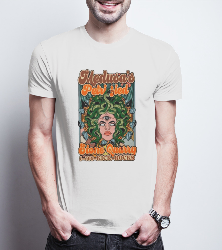 Medusa's Petrified Stone Quarry 1-866-Kick-Rocks Serpentine Gorgon Face With Third Eye And Stone Background T-Shirt