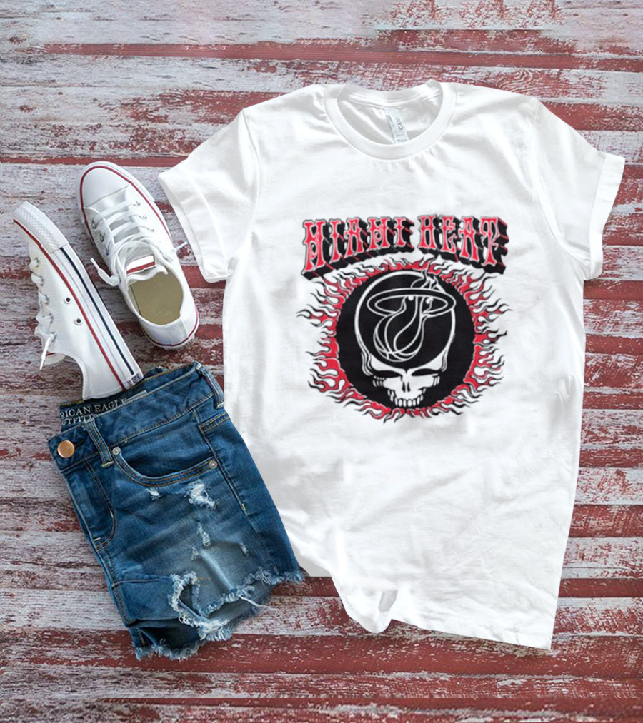 MiamI Heat Grateful Dead Skull Logo With Flaming Basketball T-Shirt