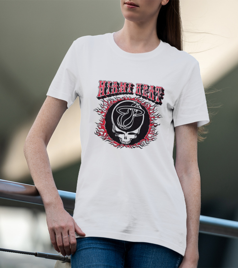 MiamI Heat Grateful Dead Skull Logo With Flaming Basketball T-Shirt