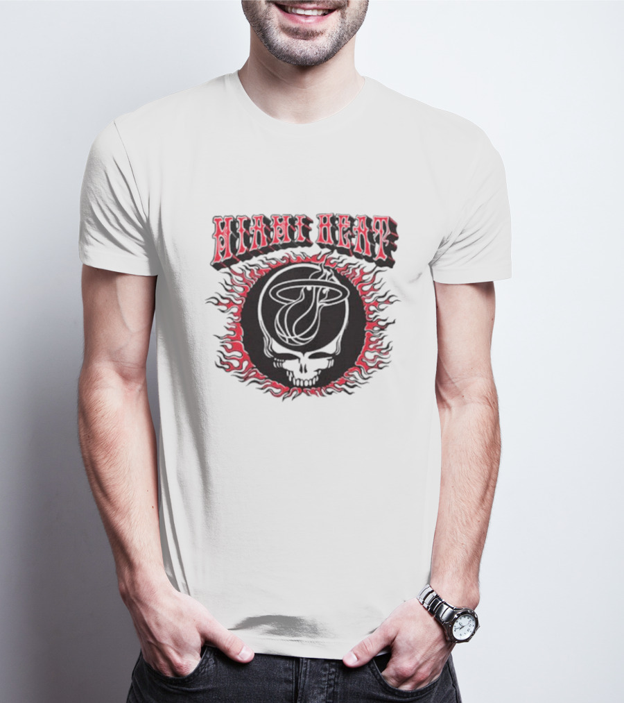 MiamI Heat Grateful Dead Skull Logo With Flaming Basketball T-Shirt