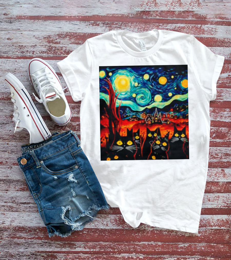 Starry Night Black Cat Van Gogh T-Shirt