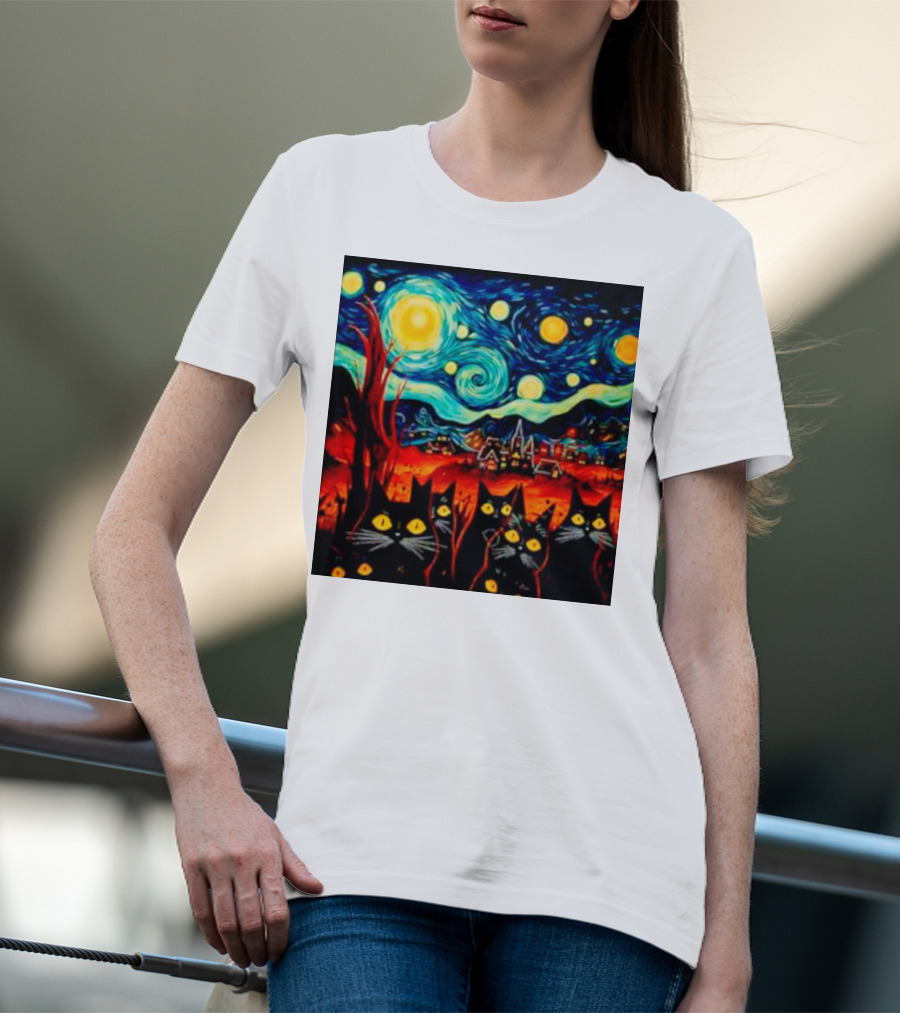 Starry Night Black Cat Van Gogh T-Shirt