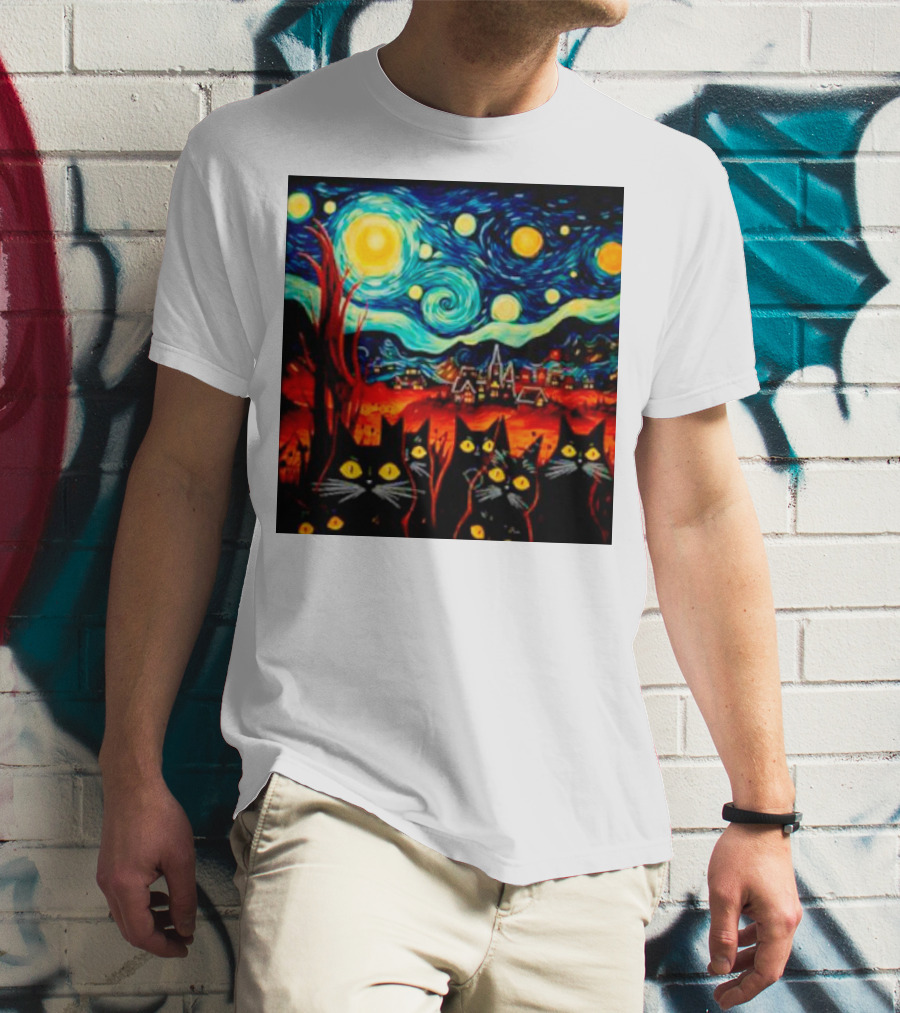 Starry Night Black Cat Van Gogh T-Shirt