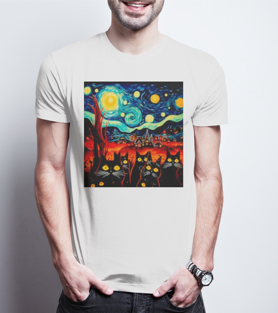Starry Night Black Cat Van Gogh T-Shirt