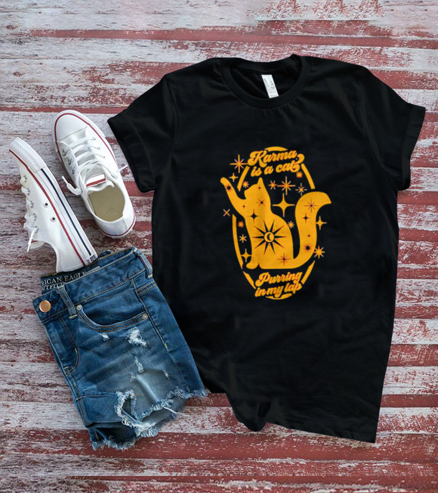 Karma Is A Cat Purring In My Lap With Celestial Stars And Moon T-Shirt