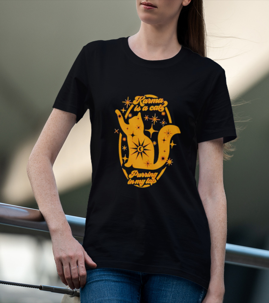 Karma Is A Cat Purring In My Lap With Celestial Stars And Moon T-Shirt