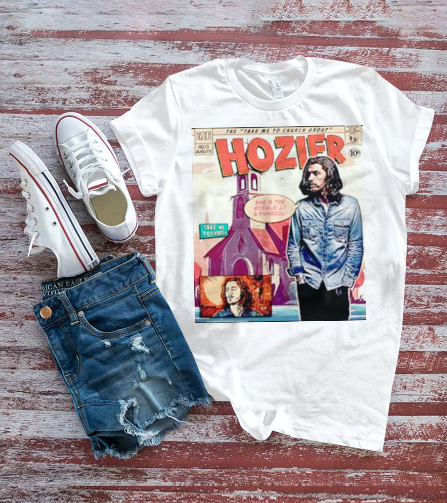 Hozier The Take Me To Church Group Comic Style With Giggle At A Funeral Text T-Shirt