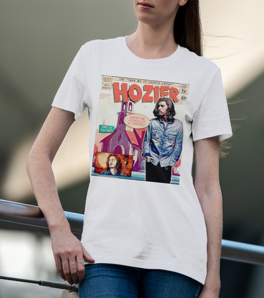 Hozier The Take Me To Church Group Comic Style With Giggle At A Funeral Text T-Shirt