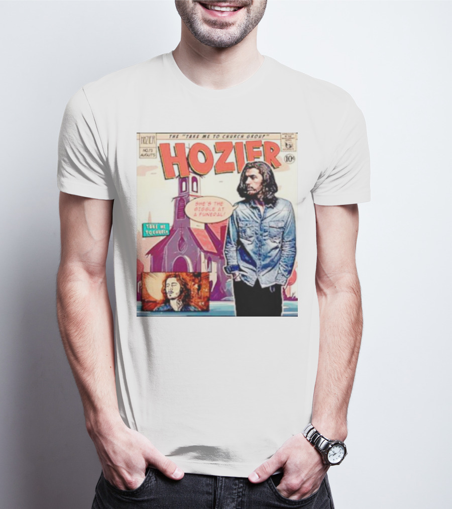 Hozier The Take Me To Church Group Comic Style With Giggle At A Funeral Text T-Shirt