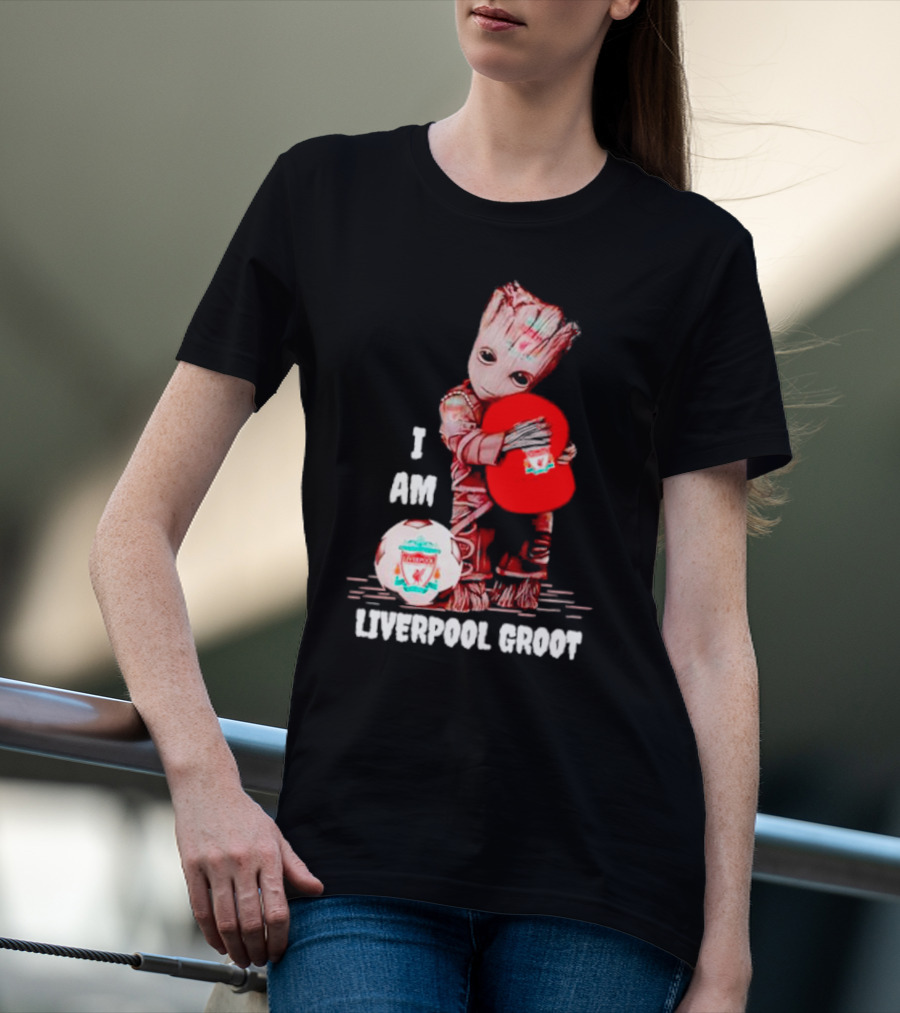 Groot I Am Liverpool FC Soccer Ball Hugging Tree Creature T-Shirt