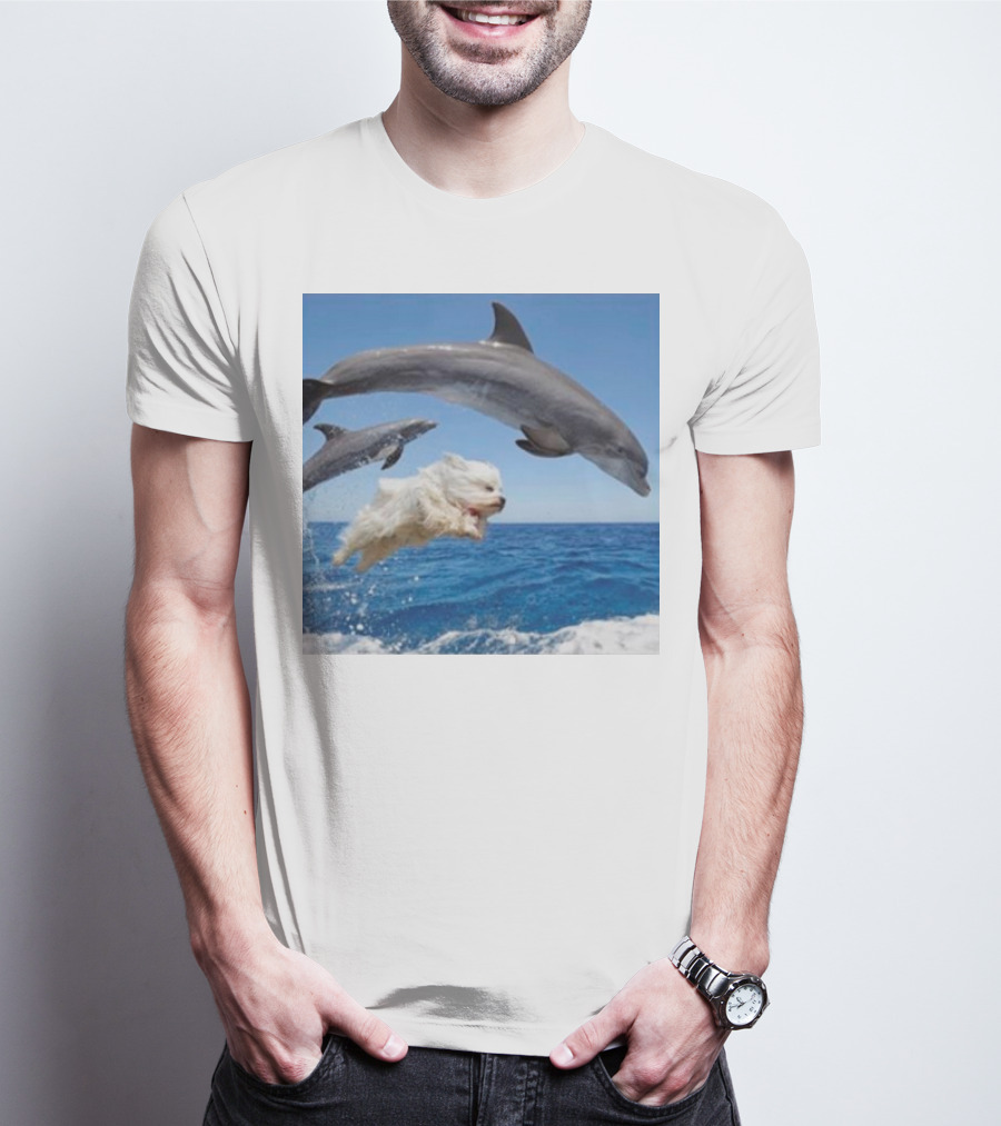 Dog Diving With Dolphins In Ocean T-Shirt