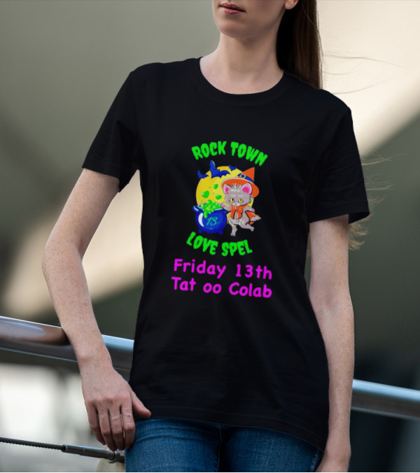 Rock Town Love Spell Friday 13th Tattoo Collab Cat Pumpkin Moon T-Shirt