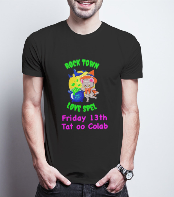 Rock Town Love Spell Friday 13th Tattoo Collab Cat Pumpkin Moon T-Shirt