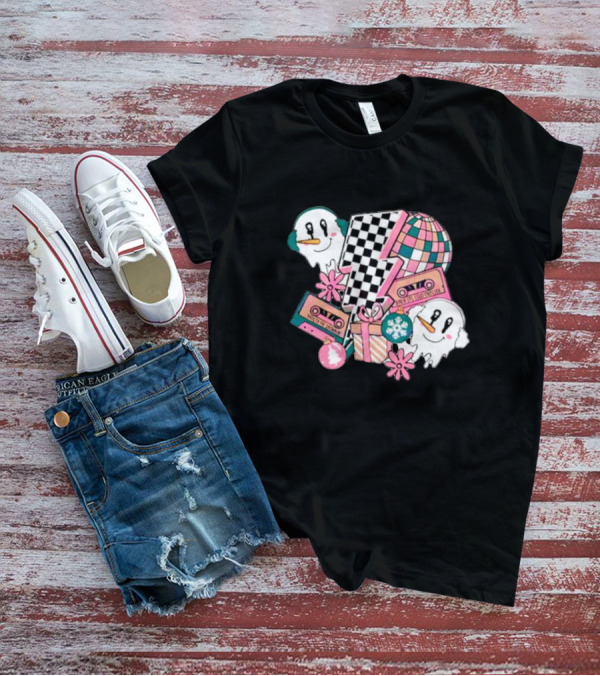 Christmas Lightning Bolt Snowman Retro Ghost Disco Cassette T-Shirt