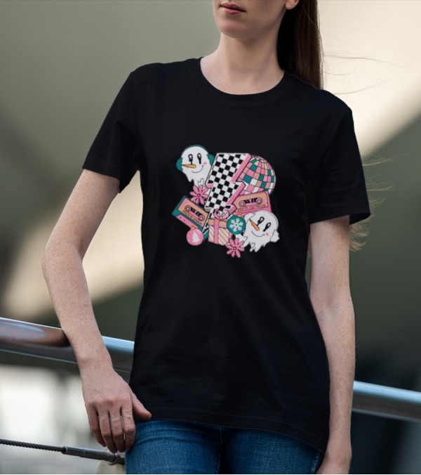 Christmas Lightning Bolt Snowman Retro Ghost Disco Cassette T-Shirt