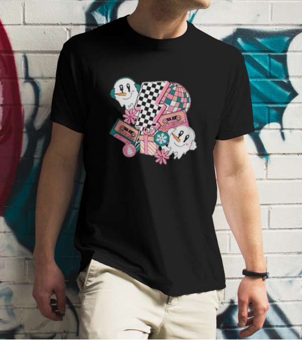 Christmas Lightning Bolt Snowman Retro Ghost Disco Cassette T-Shirt