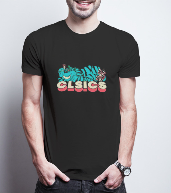 CLSICS Smiling Blue Striped Cat Fun Mushrooms T-Shirt