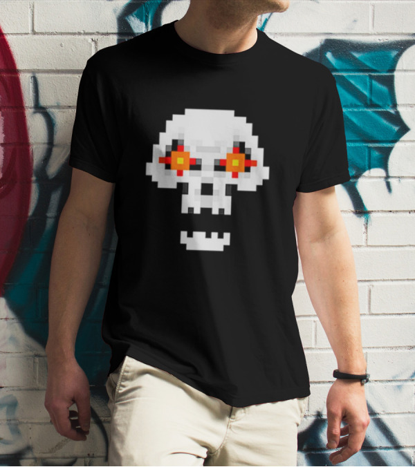 Crossing Skull Log Pixelated Gaming Skull With Red-Eyed Glare T-Shirt